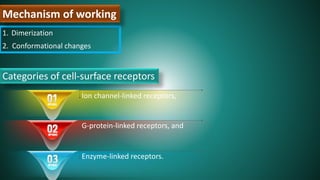 1. Dimerization
2. Conformational changes
Mechanism of working
Categories of cell-surface receptors
Ion channel-linked receptors,
G-protein-linked receptors, and
Enzyme-linked receptors.
 