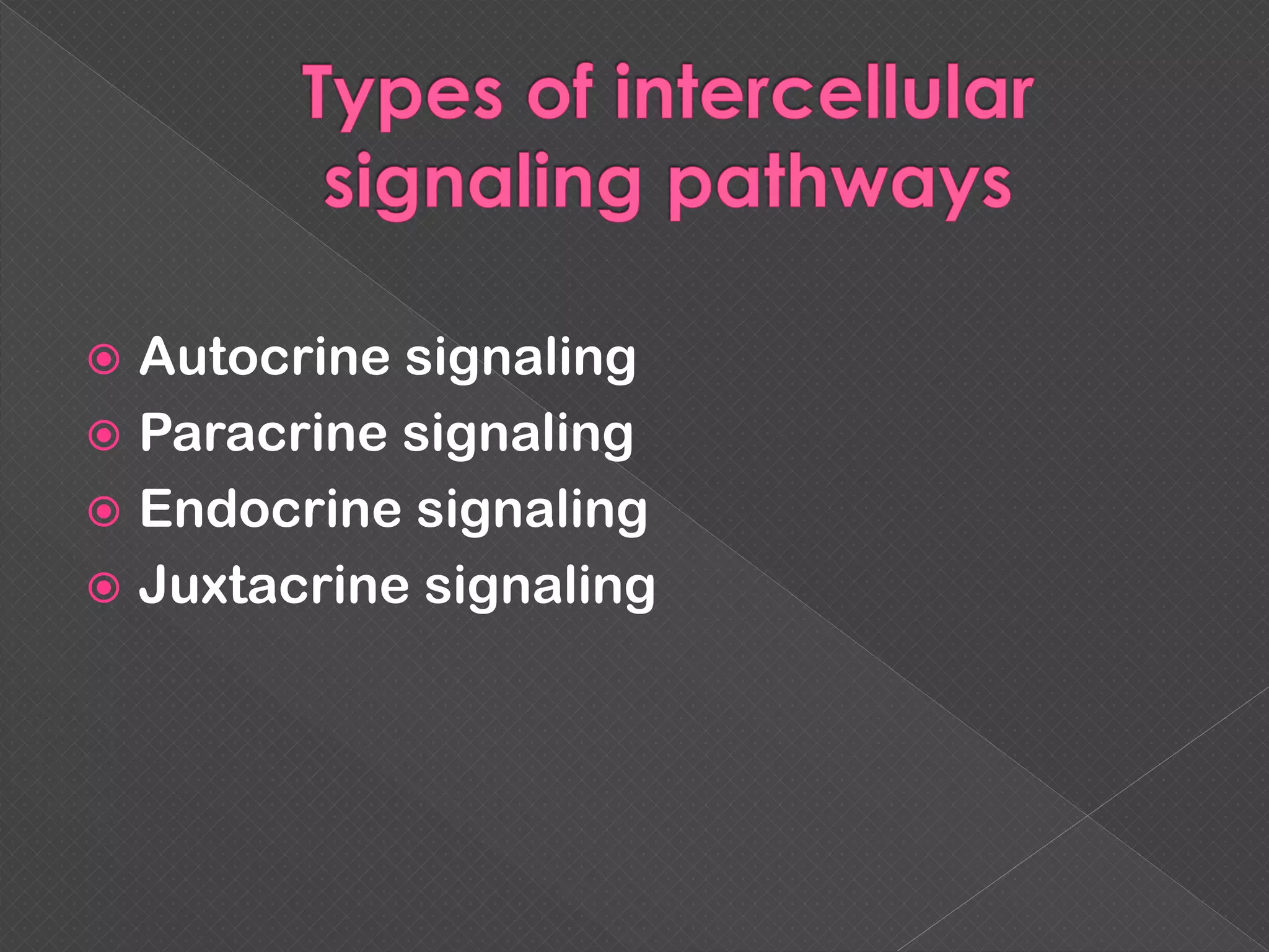  Autocrine signaling
 Paracrine signaling
 Endocrine signaling
 Juxtacrine signaling
 