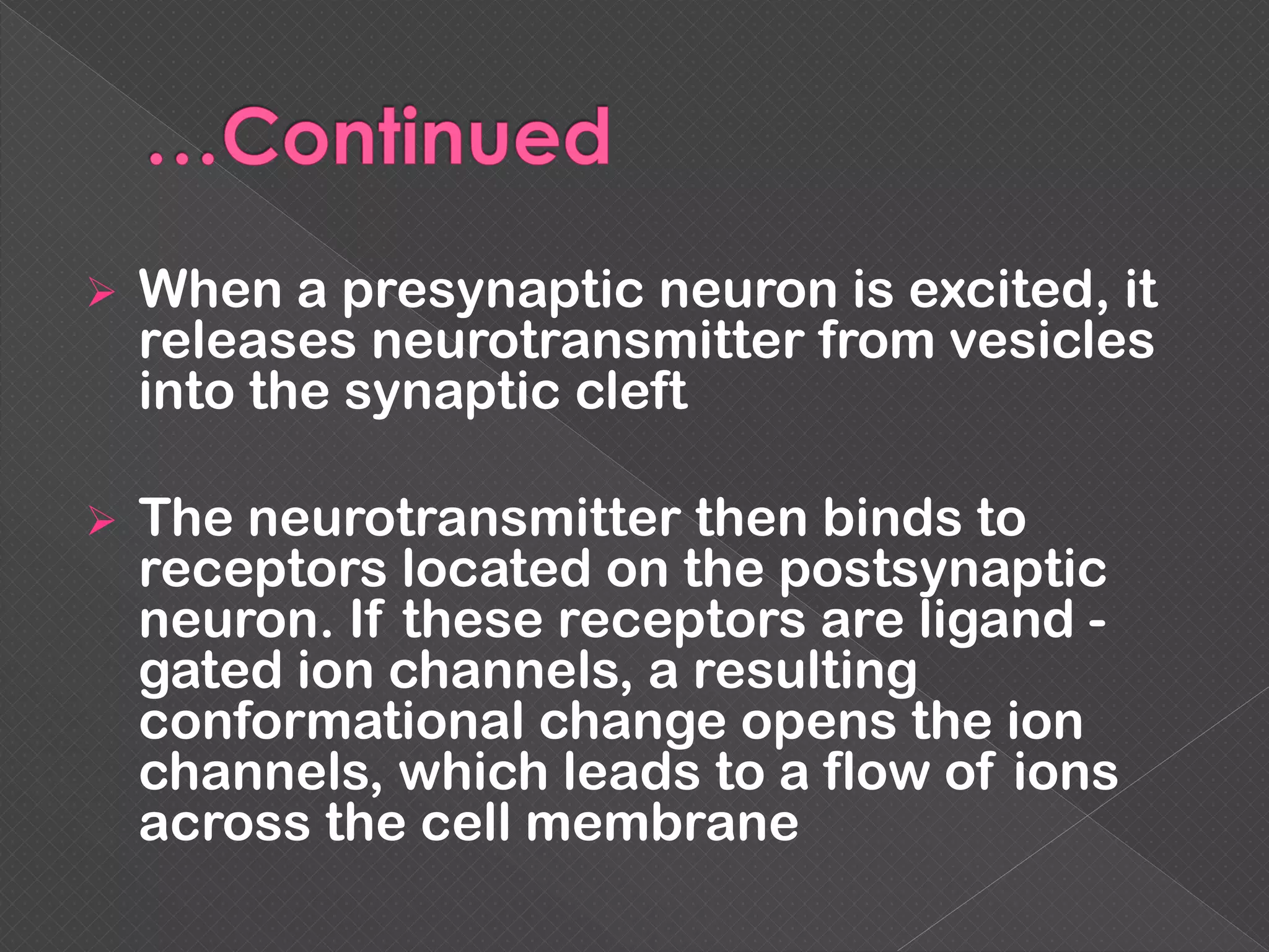  When a presynaptic neuron is excited, it
releases neurotransmitter from vesicles
into the synaptic cleft
 The neurotransmitter then binds to
receptors located on the postsynaptic
neuron. If these receptors are ligand -
gated ion channels, a resulting
conformational change opens the ion
channels, which leads to a flow of ions
across the cell membrane
 