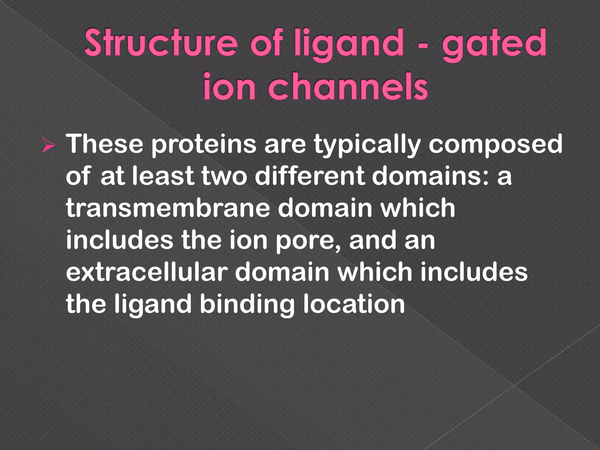  These proteins are typically composed
of at least two different domains: a
transmembrane domain which
includes the ion pore, and an
extracellular domain which includes
the ligand binding location
 