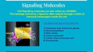 Signaling Molecules
Cell Signaling molecules are also called as LIGANDS.
The message carried by a ligand is often relayed through a chain of
chemical messengers inside the cell.
The Signaling Molecules may be:
1) Hormones from Endocrine glands
2) Neurotransmitters
3) Nitric Oxide
4) Carbon monoxide
5) Certain Plant Hormones and
6) Eicosanoids
 