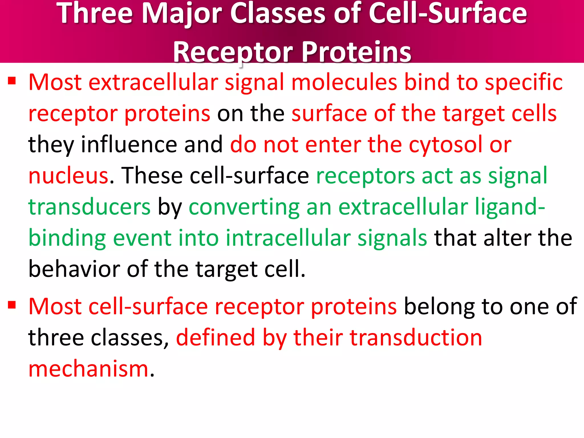 Three Major Classes of Cell-Surface
Receptor Proteins
 Most extracellular signal molecules bind to specific
receptor proteins on the surface of the target cells
they influence and do not enter the cytosol or
nucleus. These cell-surface receptors act as signal
transducers by converting an extracellular ligand-
binding event into intracellular signals that alter the
behavior of the target cell.
 Most cell-surface receptor proteins belong to one of
three classes, defined by their transduction
mechanism.
 