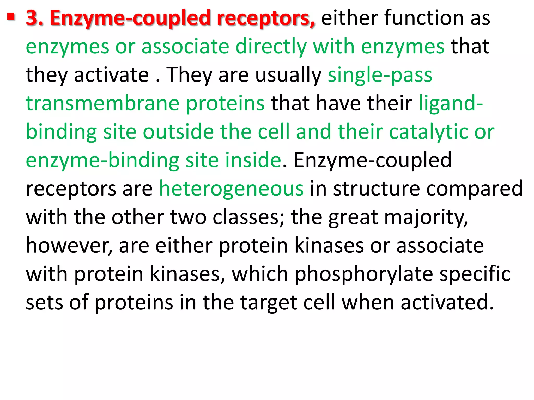  3. Enzyme-coupled receptors, either function as
enzymes or associate directly with enzymes that
they activate . They are usually single-pass
transmembrane proteins that have their ligand-
binding site outside the cell and their catalytic or
enzyme-binding site inside. Enzyme-coupled
receptors are heterogeneous in structure compared
with the other two classes; the great majority,
however, are either protein kinases or associate
with protein kinases, which phosphorylate specific
sets of proteins in the target cell when activated.
 