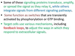  Some of these signaling proteins transduce, amplify,
or spread the signal as they relay it, while others
integrate signals from different signaling pathways.
 Some function as switches that are transiently
activated by phosphorylation or GTP binding.
 Target cells use various mechanisms, including
feedback loops, to adjust the ways in which they
respond to extracellular signals.
 