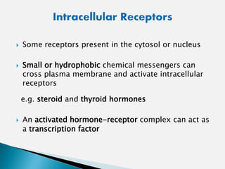  Some receptors present in the cytosol or nucleus
 Small or hydrophobic chemical messengers can
cross plasma membrane and activate intracellular
receptors
e.g. steroid and thyroid hormones
 An activated hormone-receptor complex can act as
a transcription factor
 