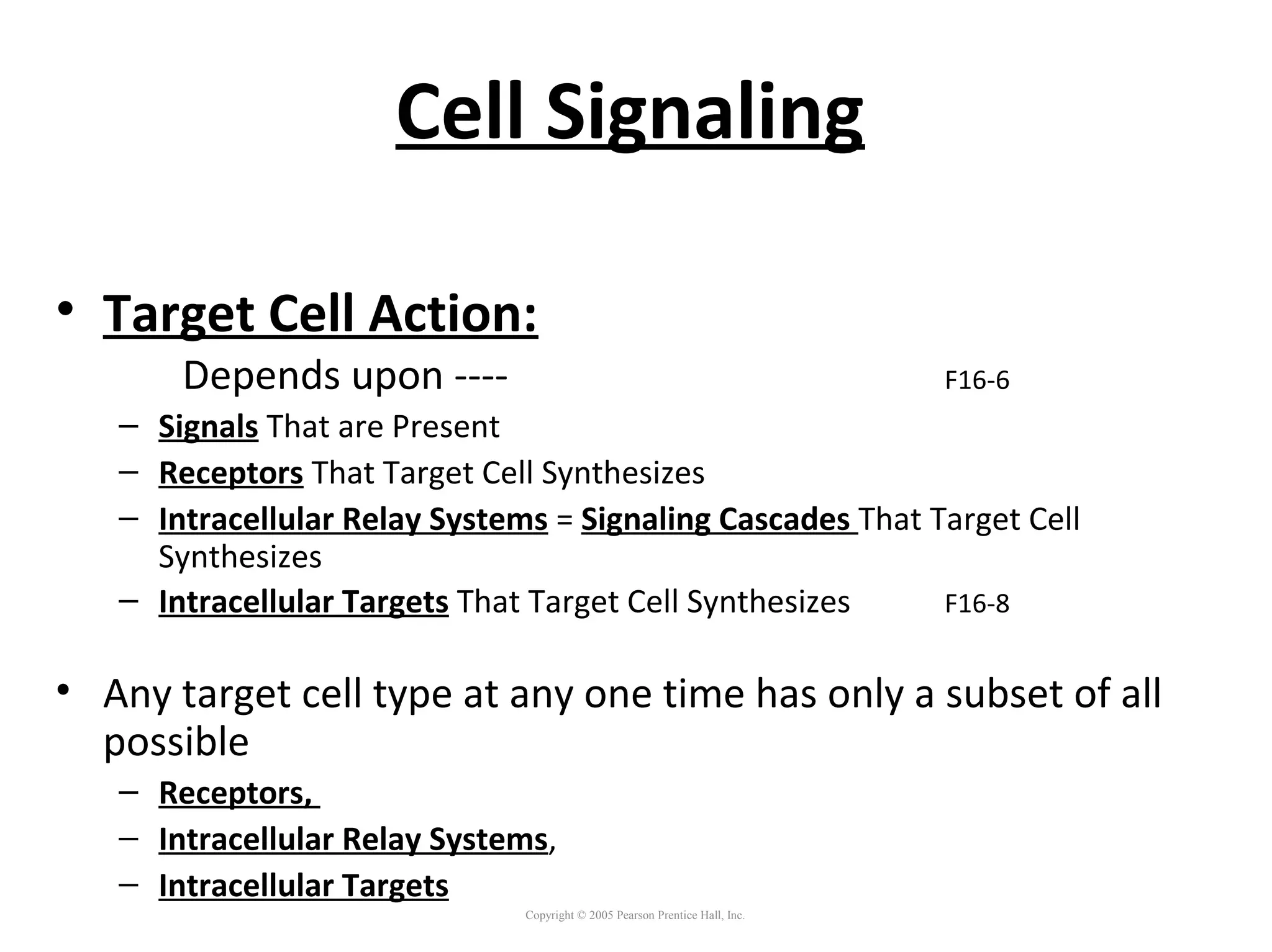 Cell Signaling
• Target Cell Action:
Depends upon ---- F16-6
– Signals That are Present
– Receptors That Target Cell Synthesizes
– Intracellular Relay Systems = Signaling Cascades That Target Cell
Synthesizes
– Intracellular Targets That Target Cell Synthesizes F16-8
• Any target cell type at any one time has only a subset of all
possible
– Receptors,
– Intracellular Relay Systems,
– Intracellular Targets
Copyright © 2005 Pearson Prentice Hall, Inc.
 