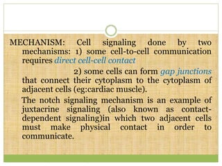 MECHANISM: Cell signaling done by two
mechanisms: 1) some cell-to-cell communication
requires direct cell-cell contact
2) some cells can form gap junctions
that connect their cytoplasm to the cytoplasm of
adjacent cells (eg:cardiac muscle).
The notch signaling mechanism is an example of
juxtacrine signaling (also known as contact-
dependent signaling)in which two adjacent cells
must make physical contact in order to
communicate.
 