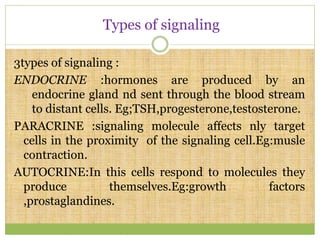 Types of signaling
3types of signaling :
ENDOCRINE :hormones are produced by an
endocrine gland nd sent through the blood stream
to distant cells. Eg;TSH,progesterone,testosterone.
PARACRINE :signaling molecule affects nly target
cells in the proximity of the signaling cell.Eg:musle
contraction.
AUTOCRINE:In this cells respond to molecules they
produce themselves.Eg:growth factors
,prostaglandines.
 
