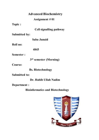 Advanced Biochemistry
Assignment # 01
Topic :
Cell signalling pathway
Submitted by:
Saba Junaid
Roll no:
4845
Semester :
3rd
semester (Morning)
Course:
Bs. Biotechnology
Submitted to:
Dr. Habib Ullah Nadim
Department :
Bioinformatics and Biotechnology
 