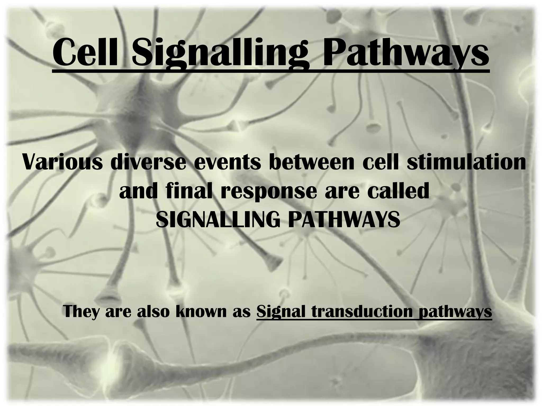 Cell Signalling Pathways
Various diverse events between cell stimulation
and final response are called
SIGNALLING PATHWAYS
They are also known as Signal transduction pathways
 