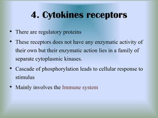 4. Cytokines receptors
• There are regulatory proteins
• These receptors does not have any enzymatic activity of
their own but their enzymatic action lies in a family of
separate cytoplasmic kinases.
• Cascade of phosphorylation leads to cellular response to
stimulus
• Mainly involves the Immune system
 