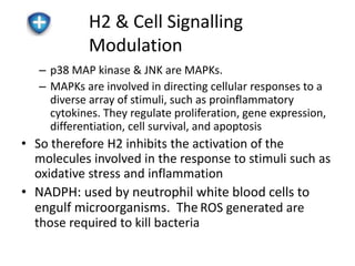 H2 & Cell Signalling 
Modulation 
– p38 MAP kinase & JNK are MAPKs. 
– MAPKs are involved in directing cellular responses to a 
diverse array of stimuli, such as proinflammatory 
cytokines. They regulate proliferation, gene expression, 
differentiation, cell survival, and apoptosis 
• So therefore H2 inhibits the activation of the 
molecules involved in the response to stimuli such as 
oxidative stress and inflammation 
• NADPH: used by neutrophil white blood cells to 
engulf microorganisms. The ROS generated are 
those required to kill bacteria 
 