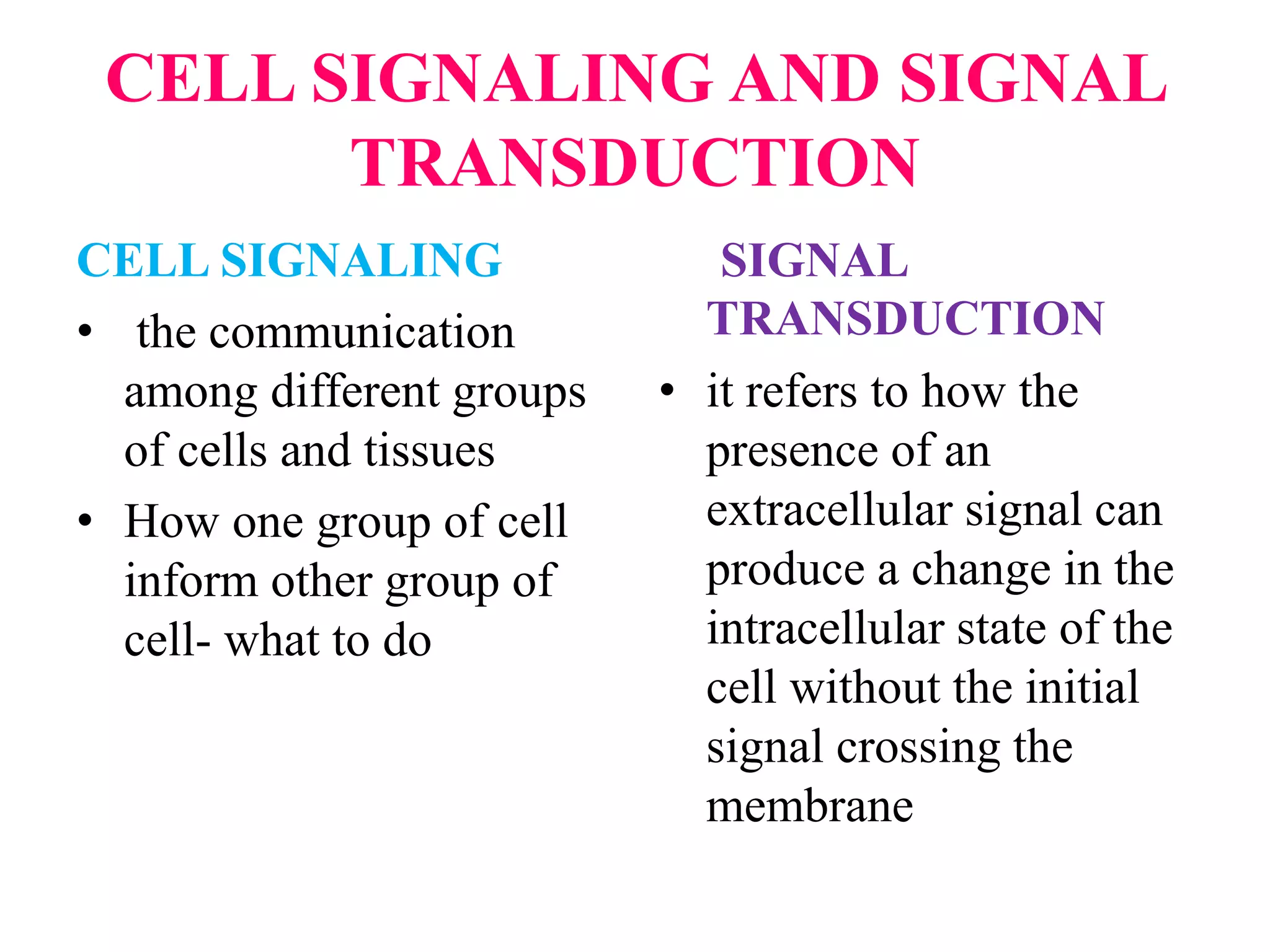 CELL SIGNALING AND SIGNAL
TRANSDUCTION
CELL SIGNALING
• the communication
among different groups
of cells and tissues
• How one group of cell
inform other group of
cell- what to do
SIGNAL
TRANSDUCTION
• it refers to how the
presence of an
extracellular signal can
produce a change in the
intracellular state of the
cell without the initial
signal crossing the
membrane
 