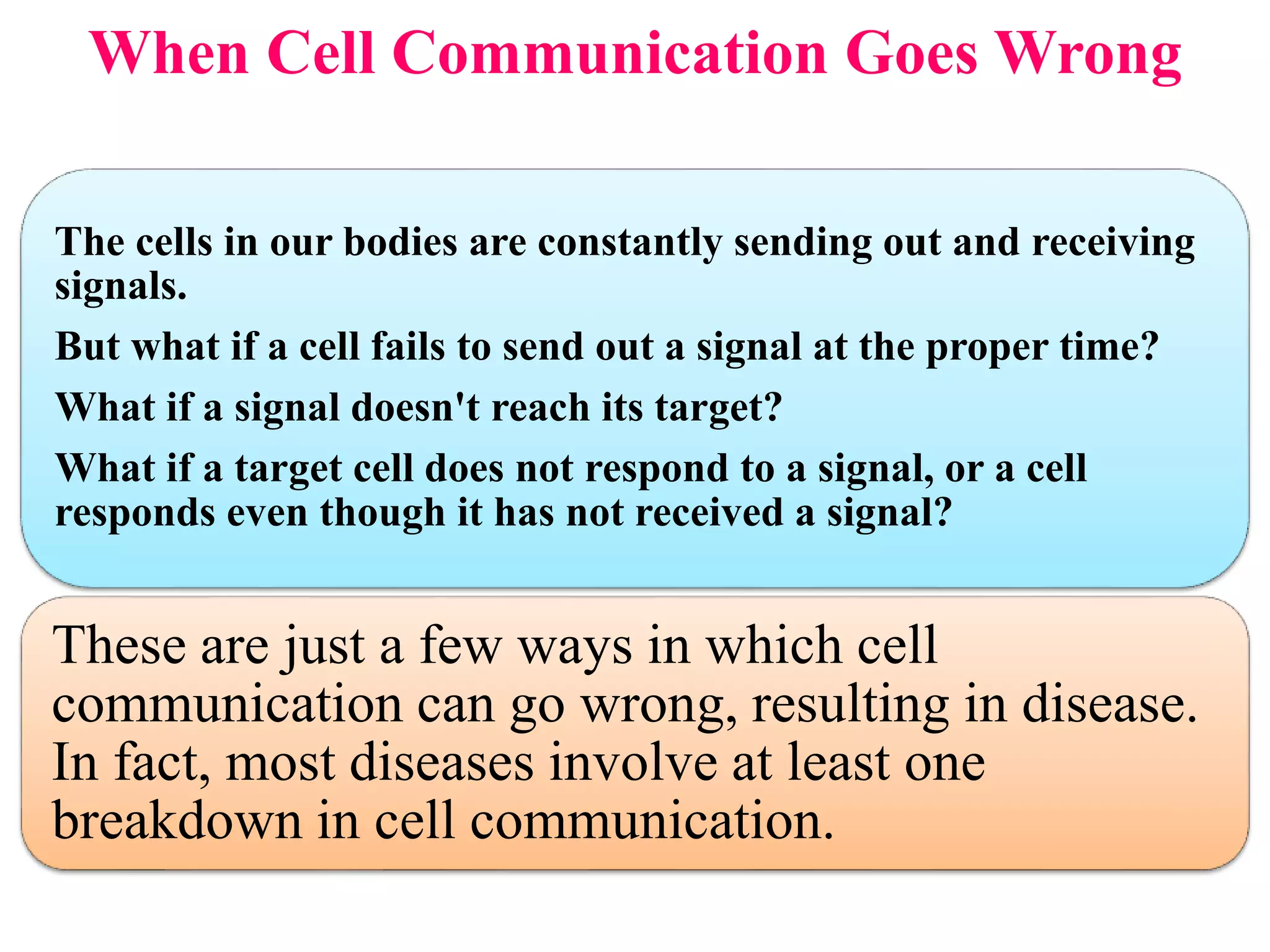 When Cell Communication Goes Wrong
The cells in our bodies are constantly sending out and receiving
signals.
But what if a cell fails to send out a signal at the proper time?
What if a signal doesn't reach its target?
What if a target cell does not respond to a signal, or a cell
responds even though it has not received a signal?
These are just a few ways in which cell
communication can go wrong, resulting in disease.
In fact, most diseases involve at least one
breakdown in cell communication.
 