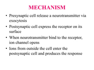 MECHANISM
• Presynaptic cell release a neurotransmitter via
exocytosis
• Postsynaptic cell express the receptor on its
surface
• When neurotransmitter bind to the receptor,
ion channel opens
• Ions from outside the cell enter the
postsynaptic cell and produces the response
 