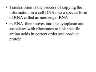 • Transcription is the process of copying the
information in a cell DNA into a special form
of RNA called as messenger RNA
• m-RNA then moves into the cytoplasm and
associates with ribosomes to link specific
amino acids in correct order and produce
protein
 