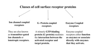 Classes of cell surface receptor proteins
Ion channel coupled
receptors
G- Protein coupled
receptors
Enzyme Coupled
receptors
They are also known
as transmitter-gated
ion channels or
ionotropic receptors.
A trimeric GTP-binding
protein (G protein) mediates
the interaction between the
activated receptor and
target protein.
Enzyme-coupled
receptors either function
as enzymes or associate
directly with enzymes
that they activate.
 