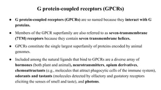 G protein‐coupled receptors (GPCRs)
● G protein‐coupled receptors (GPCRs) are so named because they interact with G
proteins.
● Members of the GPCR superfamily are also referred to as seven‐transmembrane
(7TM) receptors because they contain seven transmembrane helices.
● GPCRs constitute the single largest superfamily of proteins encoded by animal
genomes.
● Included among the natural ligands that bind to GPCRs are a diverse array of
hormones (both plant and animal), neurotransmitters, opium derivatives,
chemoattractants (e.g., molecules that attract phagocytic cells of the immune system),
odorants and tastants (molecules detected by olfactory and gustatory receptors
eliciting the senses of smell and taste), and photons.
 