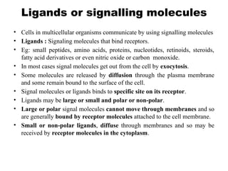 Ligands or signalling molecules
• Cells in multicellular organisms communicate by using signalling molecules
• Ligands : Signaling molecules that bind receptors.
• Eg: small peptides, amino acids, proteins, nucleotides, retinoids, steroids,
fatty acid derivatives or even nitric oxide or carbon monoxide.
• In most cases signal molecules get out from the cell by exocytosis.
• Some molecules are released by diffusion through the plasma membrane
and some remain bound to the surface of the cell.
• Signal molecules or ligands binds to specific site on its receptor.
• Ligands may be large or small and polar or non-polar.
• Large or polar signal molecules cannot move through membranes and so
are generally bound by receptor molecules attached to the cell membrane.
• Small or non-polar ligands, diffuse through membranes and so may be
received by receptor molecules in the cytoplasm.
 