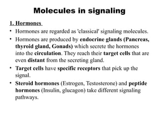 Molecules in signaling
1. Hormones
• Hormones are regarded as 'classical' signaling molecules.
• Hormones are produced by endocrine glands (Pancreas,
thyroid gland, Gonads) which secrete the hormones
into the circulation. They reach their target cells that are
even distant from the secreting gland.
• Target cells have specific receptors that pick up the
signal.
• Steroid hormones (Estrogen, Testosterone) and peptide
hormones (Insulin, glucagon) take different signaling
pathways.
 