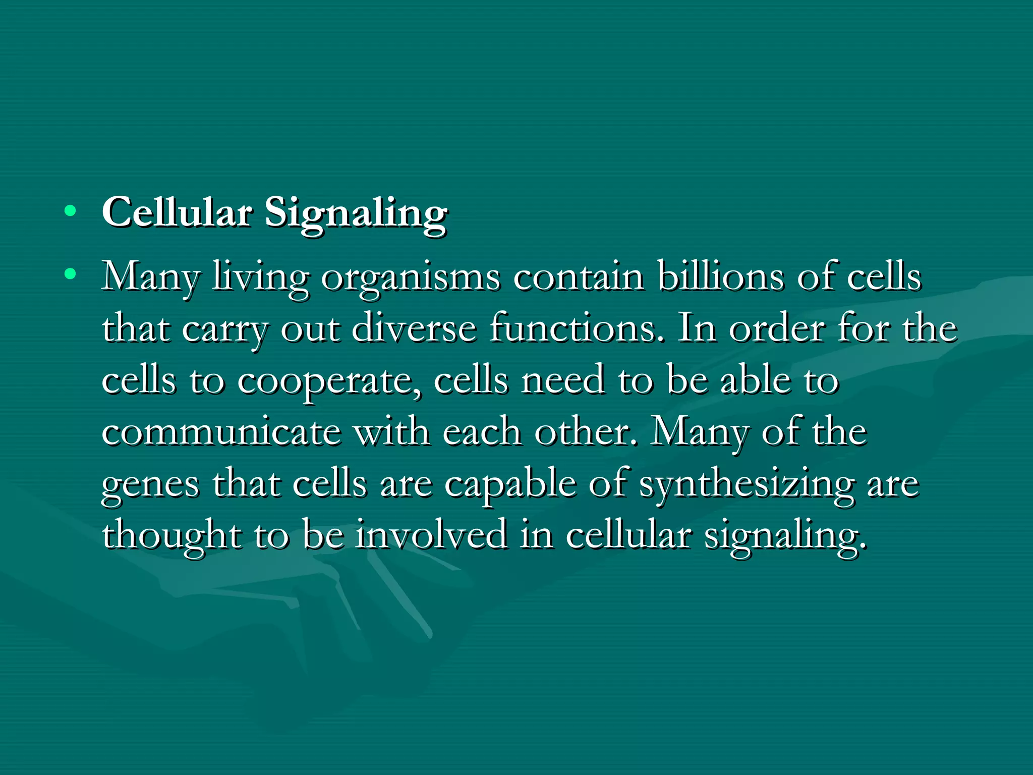 Cellular Signaling Many living organisms contain billions of cells that carry out diverse functions. In order for the cells to cooperate, cells need to be able to communicate with each other. Many of the genes that cells are capable of synthesizing are thought to be involved in cellular signaling. 