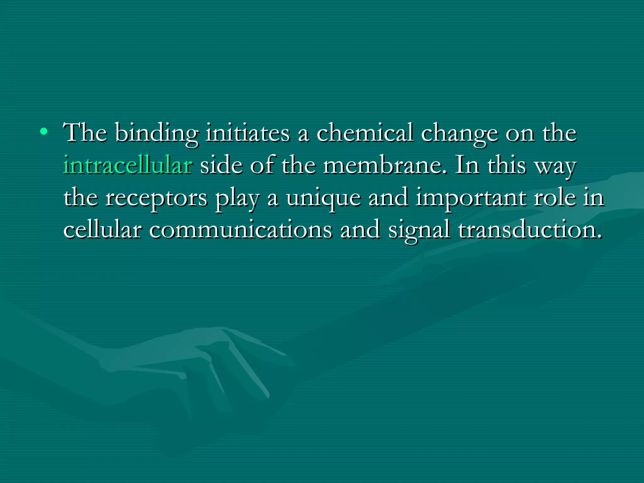 The binding initiates a chemical change on the  intracellular  side of the membrane. In this way the receptors play a unique and important role in cellular communications and signal transduction. 