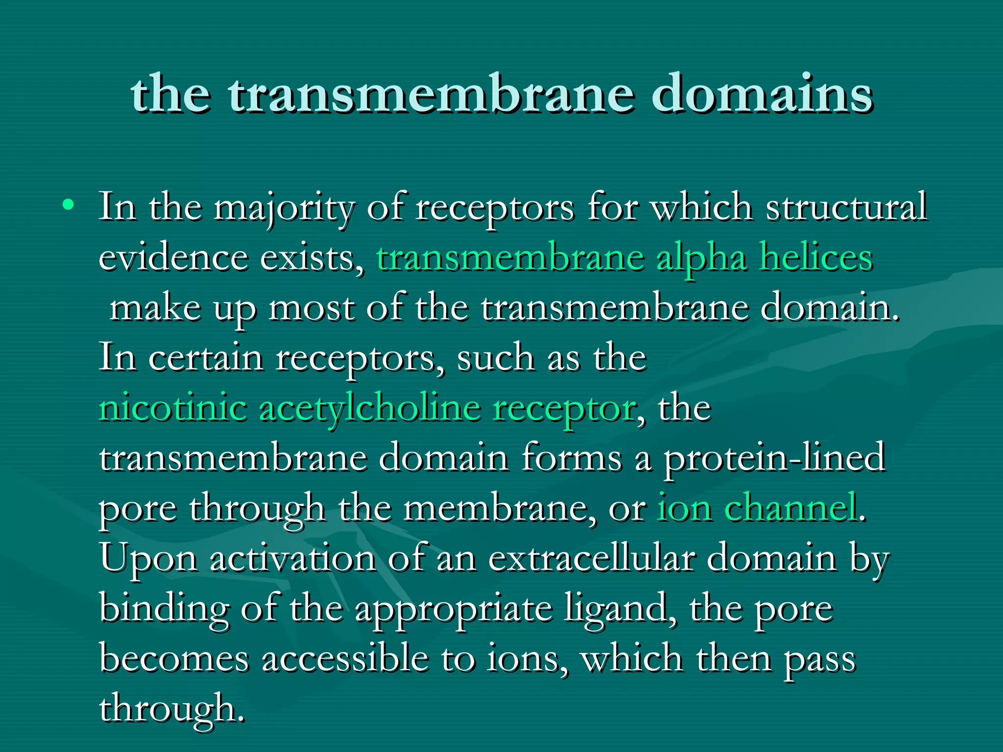 the transmembrane domains In the majority of receptors for which structural evidence exists,  transmembrane alpha helices  make up most of the transmembrane domain. In certain receptors, such as the  nicotinic acetylcholine receptor , the transmembrane domain forms a protein-lined pore through the membrane, or  ion channel . Upon activation of an extracellular domain by binding of the appropriate ligand, the pore becomes accessible to ions, which then pass through. 