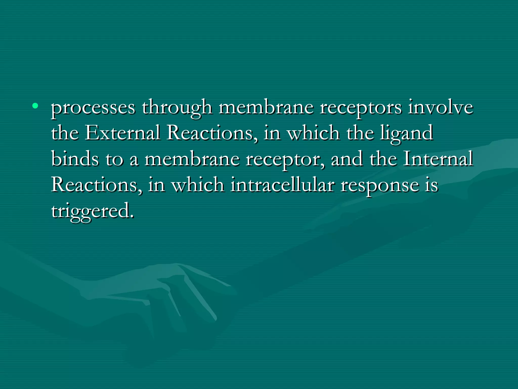 processes through membrane receptors involve the External Reactions, in which the ligand binds to a membrane receptor, and the Internal Reactions, in which intracellular response is triggered. 