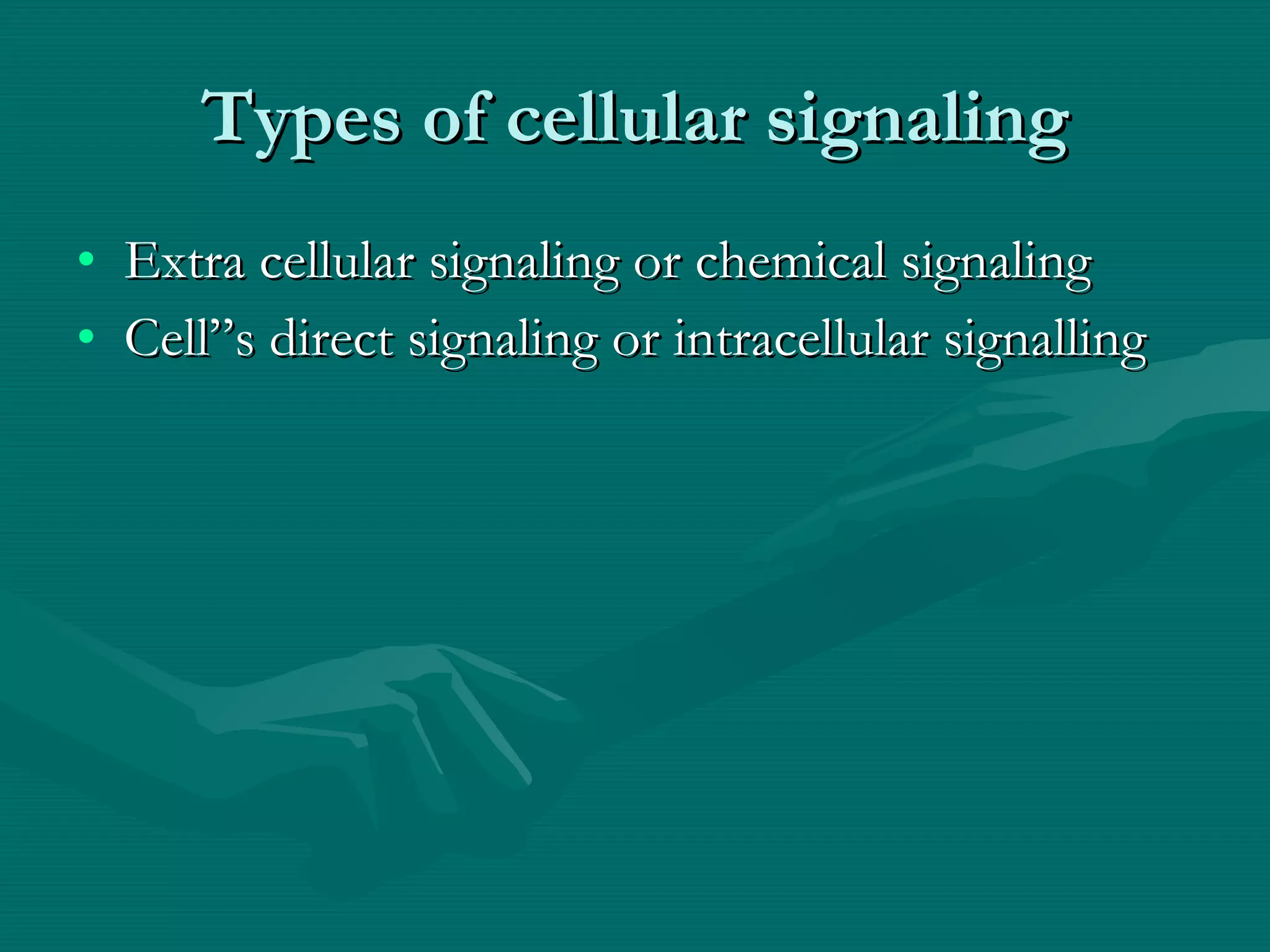 Types of cellular signaling Extra cellular signaling or chemical signaling Cell”s direct signaling or intracellular signalling 