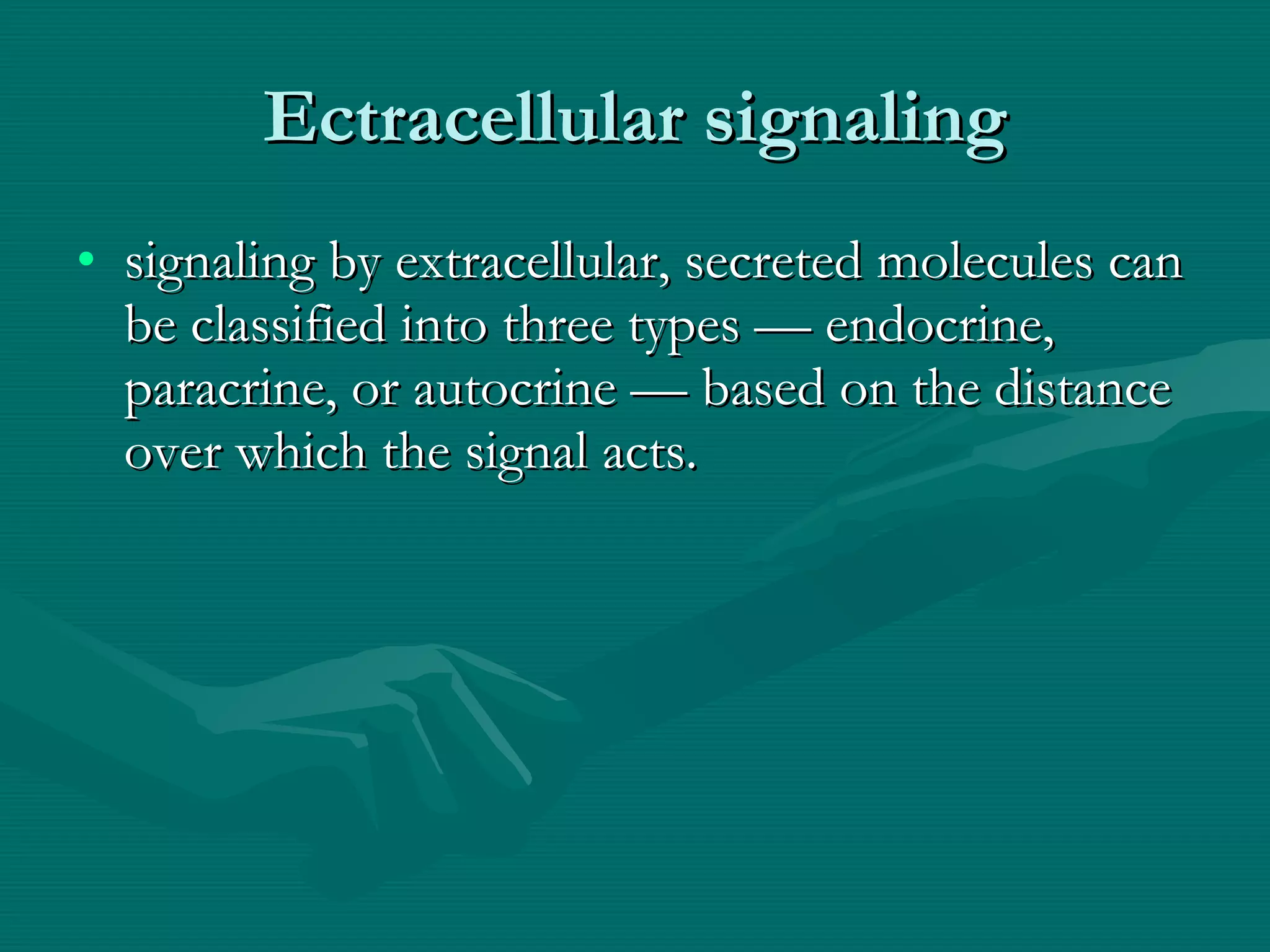 Ectracellular signaling signaling by extracellular, secreted molecules can be classified into three types — endocrine, paracrine, or autocrine — based on the distance over which the signal acts. 