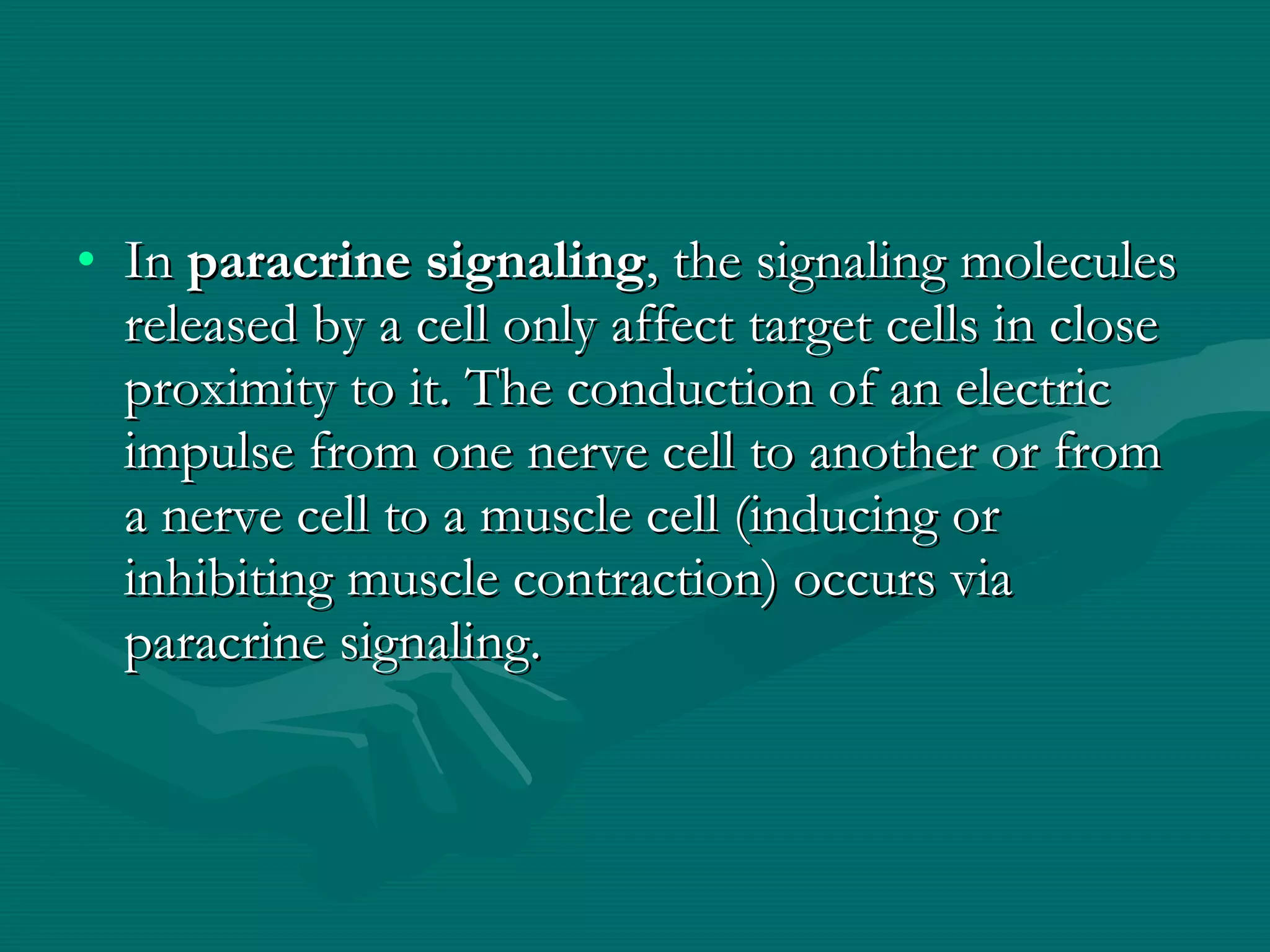 In  paracrine signaling , the signaling molecules released by a cell only affect target cells in close proximity to it. The conduction of an electric impulse from one nerve cell to another or from a nerve cell to a muscle cell (inducing or inhibiting muscle contraction) occurs via paracrine signaling.  