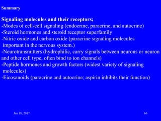 Summary
Signaling molecules and their receptors;
-Modes of cell-cell signaling (endocrine, paracrine, and autocrine)
-Steroid hormones and steroid receptor superfamily
-Nitric oxide and carbon oxide (paracrine signaling molecules
important in the nervous system.)
-Neurotransmitters (hydrophilic, carry signals between neurons or neuron
and other cell type, often bind to ion channels)
-Peptide hormones and growth factors (widest variety of signaling
molecules)
-Eicosanoids (paracrine and autocrine; aspirin inhibits their function)
Jan 18, 2017 66
 