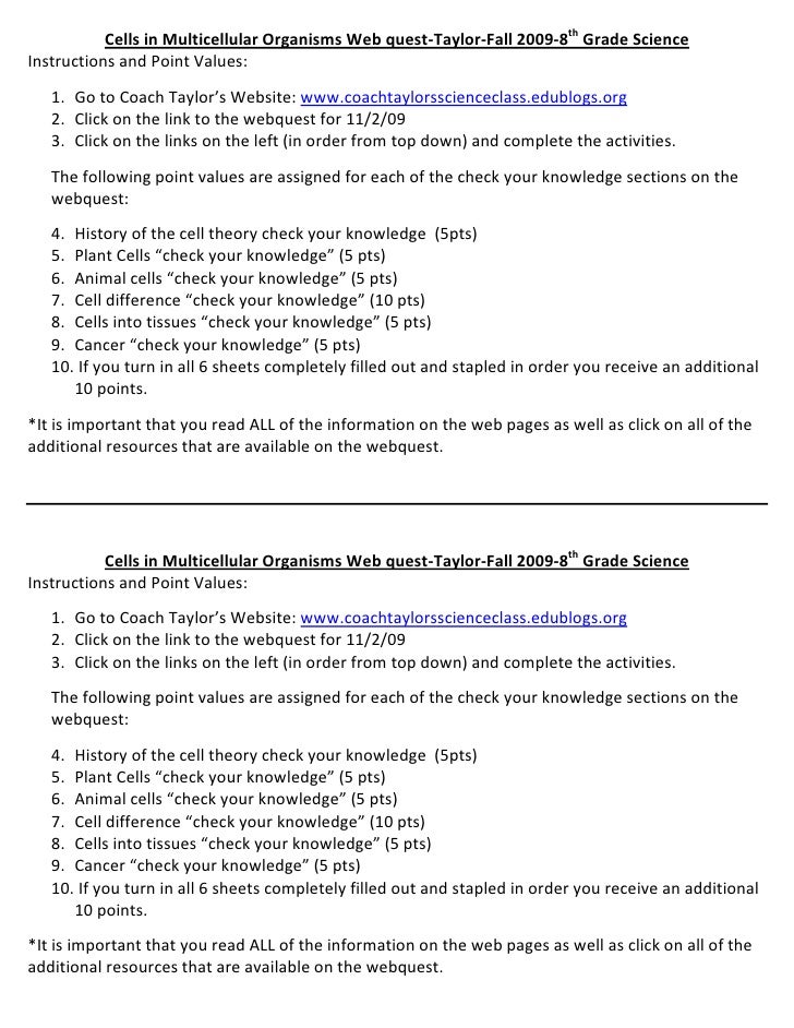 Cells In Multicellular Organisms Web Quest
