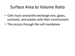 Surface Area to Volume Ratio
• Cells must constantly exchange ions, gases,
nutrients, and wastes with their environment
• This occurs through the cell membrane
 