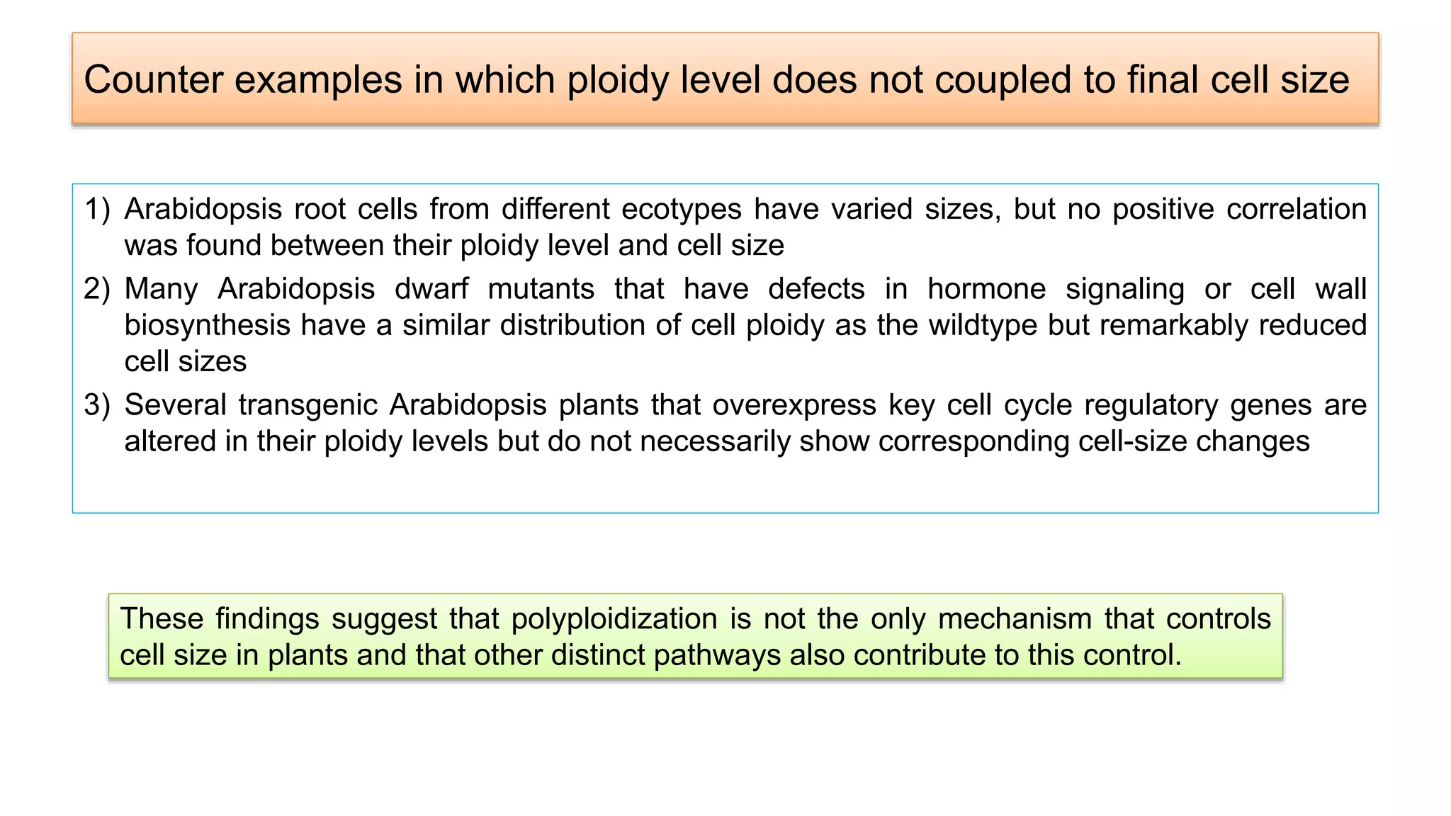 Counter examples in which ploidy level does not coupled to final cell size
1) Arabidopsis root cells from different ecotypes have varied sizes, but no positive correlation
was found between their ploidy level and cell size
2) Many Arabidopsis dwarf mutants that have defects in hormone signaling or cell wall
biosynthesis have a similar distribution of cell ploidy as the wildtype but remarkably reduced
cell sizes
3) Several transgenic Arabidopsis plants that overexpress key cell cycle regulatory genes are
altered in their ploidy levels but do not necessarily show corresponding cell-size changes
These findings suggest that polyploidization is not the only mechanism that controls
cell size in plants and that other distinct pathways also contribute to this control.
 