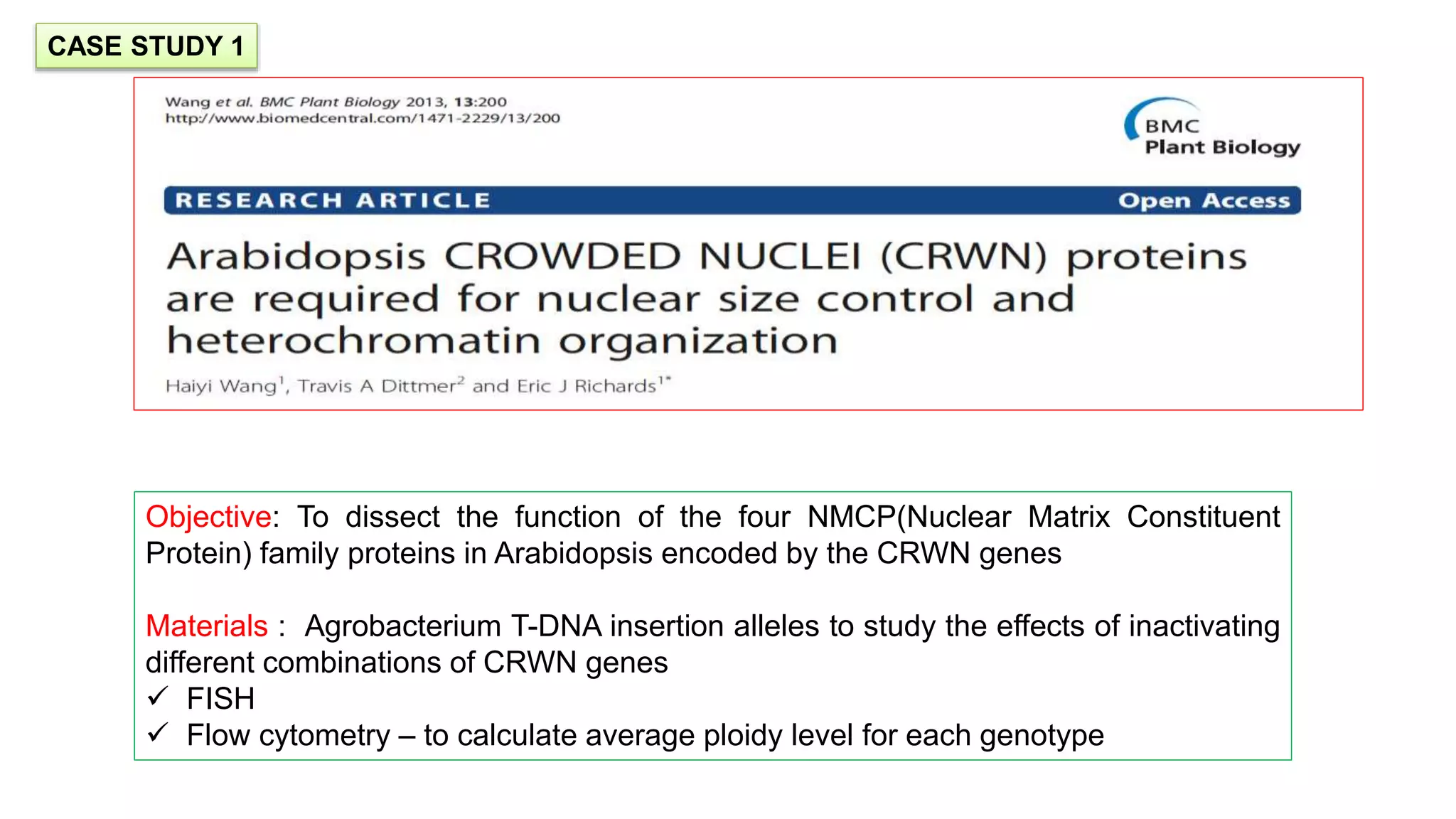 Objective: To dissect the function of the four NMCP(Nuclear Matrix Constituent
Protein) family proteins in Arabidopsis encoded by the CRWN genes
Materials : Agrobacterium T-DNA insertion alleles to study the effects of inactivating
different combinations of CRWN genes
 FISH
 Flow cytometry – to calculate average ploidy level for each genotype
CASE STUDY 1
 
