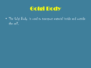 Golgi Body
• The Golgi Body is used to transport material inside and outside
  the cell.
 