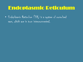 Endoplasmic Reticulum
• Endoplasmic Reticulum (ER) is a system of convulsed
  sacs, which are in turn interconnected.
 