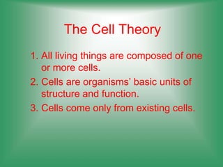 The Cell Theory
1. All living things are composed of one
or more cells.
2. Cells are organisms’ basic units of
structure and function.
3. Cells come only from existing cells.
 