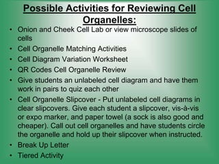 Possible Activities for Reviewing Cell
Organelles:
• Onion and Cheek Cell Lab or view microscope slides of
cells
• Cell Organelle Matching Activities
• Cell Diagram Variation Worksheet
• QR Codes Cell Organelle Review
• Give students an unlabeled cell diagram and have them
work in pairs to quiz each other
• Cell Organelle Slipcover - Put unlabeled cell diagrams in
clear slipcovers. Give each student a slipcover, vis-à-vis
or expo marker, and paper towel (a sock is also good and
cheaper). Call out cell organelles and have students circle
the organelle and hold up their slipcover when instructed.
• Break Up Letter
• Tiered Activity
 