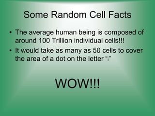 Some Random Cell Facts
• The average human being is composed of
around 100 Trillion individual cells!!!
• It would take as many as 50 cells to cover
the area of a dot on the letter “i”
WOW!!!
 