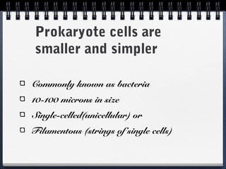 Prokaryote cells are
smaller and simpler
Commonly known as bacteria
10-100 microns in size
Single-celled(unicellular) or
Filamentous (strings of single cells)
 