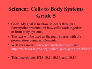 Science: Cells to Body Systems
Grade 5
• Goal: My goal is to show students through a
Powerpoint presentation how cells work together
to form body systems.
• The text will be used as the main source with the
presentation being supplemental.
• Web sites used : www.harcourtschool.com and
http://trackstar.hprtec.org/main/display.php3?trackid=12
.
• This incorporates ETS 10.6, 10.14, and 10.16
 
