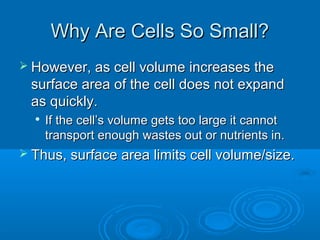 Why Are Cells So Small?Why Are Cells So Small?
 However, as cell volume increases theHowever, as cell volume increases the
surface area of the cell does not expandsurface area of the cell does not expand
as quickly.as quickly.

If the cell’s volume gets too large it cannotIf the cell’s volume gets too large it cannot
transport enough wastes out or nutrients in.transport enough wastes out or nutrients in.
 Thus, surface area limits cell volume/size.Thus, surface area limits cell volume/size.
 