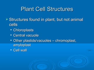 Plant Cell StructuresPlant Cell Structures
 Structures found in plant, but not animalStructures found in plant, but not animal
cellscells

ChloroplastsChloroplasts

Central vacuoleCentral vacuole

Other plastids/vacuoles – chromoplast,Other plastids/vacuoles – chromoplast,
amyloplastamyloplast

Cell wallCell wall
 