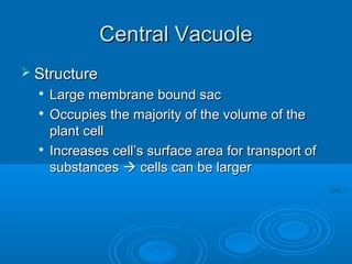 Central VacuoleCentral Vacuole
 StructureStructure

Large membrane bound sacLarge membrane bound sac

Occupies the majority of the volume of theOccupies the majority of the volume of the
plant cellplant cell

Increases cell’s surface area for transport ofIncreases cell’s surface area for transport of
substancessubstances  cells can be largercells can be larger
 