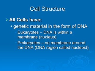 Cell Structure All Cells have: genetic material in the form of DNA Eukaryotes – DNA is within a membrane (nucleus) Prokaryotes – no membrane around the DNA (DNA region called nucleoid) 