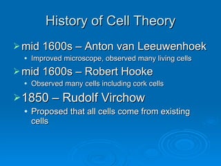 History of Cell Theory mid 1600s – Anton van Leeuwenhoek Improved microscope, observed many living cells mid 1600s – Robert Hooke  Observed many cells including cork cells 1850 – Rudolf Virchow Proposed that all cells come from existing cells 