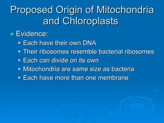 Proposed Origin of Mitochondria and Chloroplasts  Evidence: Each have their own DNA Their ribosomes resemble bacterial ribosomes Each can divide on its own Mitochondria are same size as bacteria Each have more than one membrane 