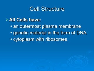 Cell Structure All Cells have: an outermost plasma membrane genetic material in the form of DNA  cytoplasm with ribosomes 